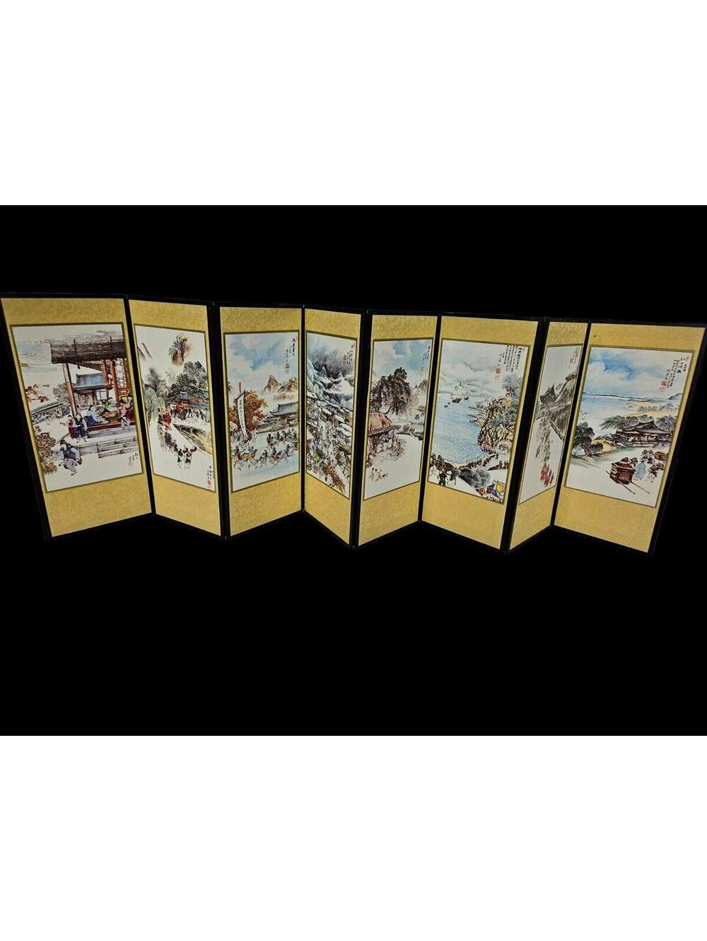 Table Top Asian Decorative Folding Screen w/ 8 Panels 2 Sided Oriental Vintage